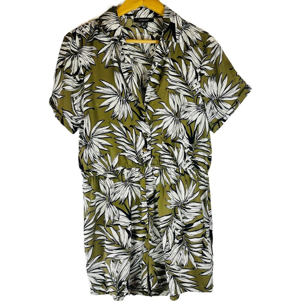🌿 Khaki Leaf Print Romper - Size 10